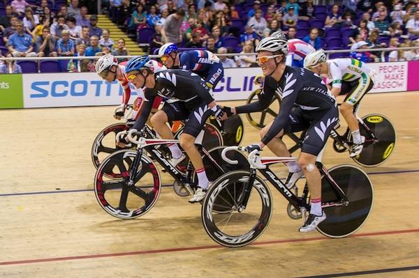 Regan Gough (Hawkes Bay) and Liam Aitcheson (Alexandra) in action during the Madison at the UCI Juniors Track Cycling World Championships in Glasgow.